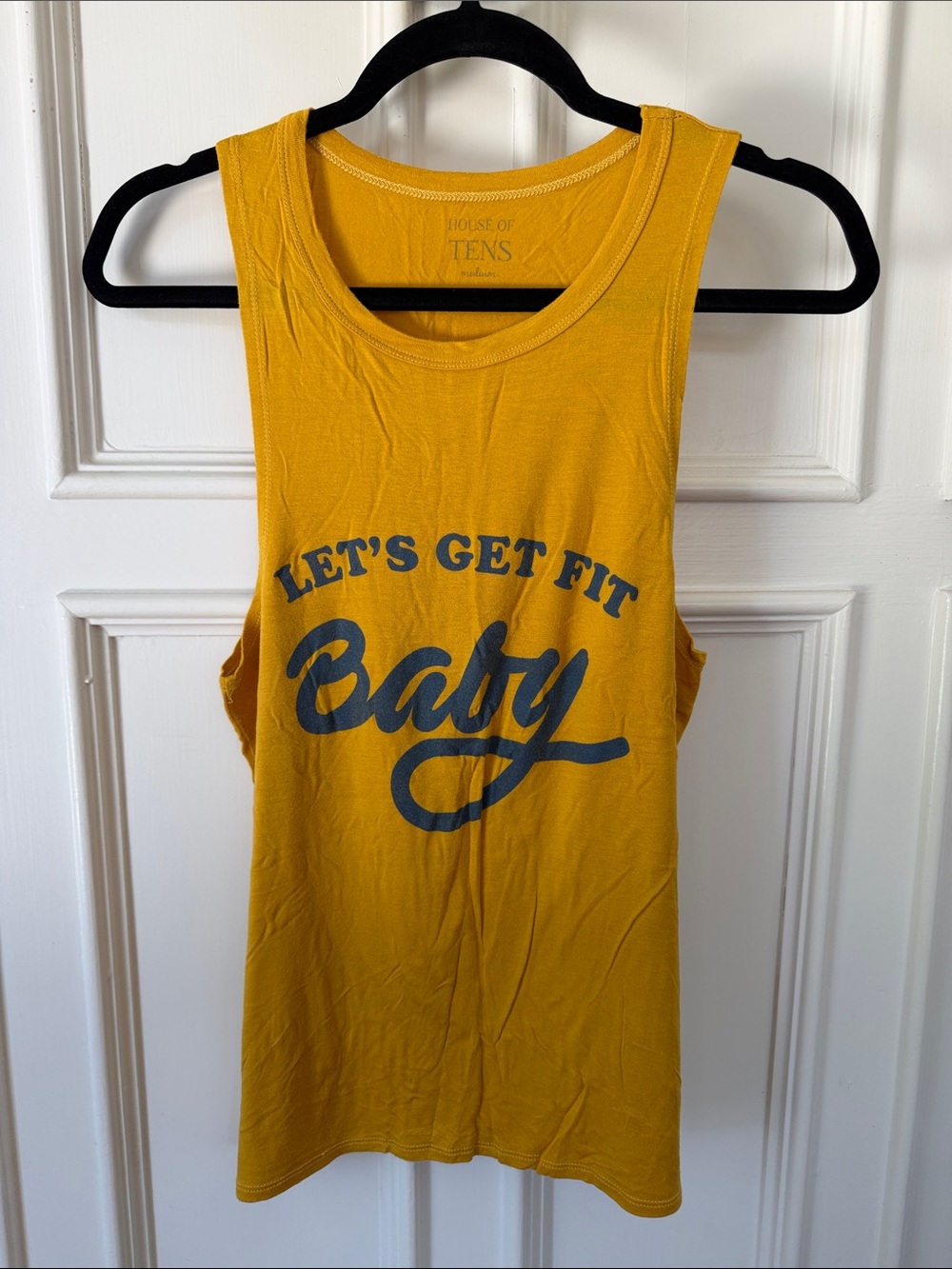 Mustard Yellow Graphic Tank Top - "Let's Get Fit Baby" Womens Size Medium